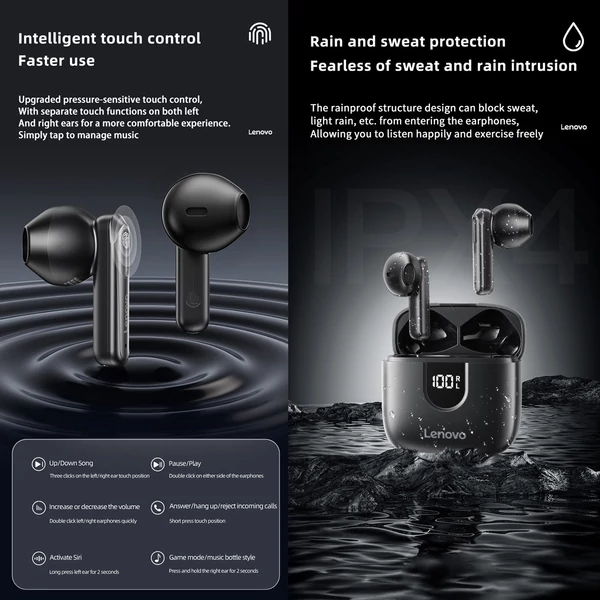 Lenovo EA120 félig fülbe helyezhető vezeték nélküli fülhallgató intelligens zajszűréssel - Fekete