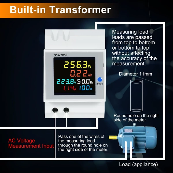 6 az 1-ben digitális, egyfázisú energiamérő teszter, Din-sínes váltóáramú monitor - D52-2066, AC 40V~300V