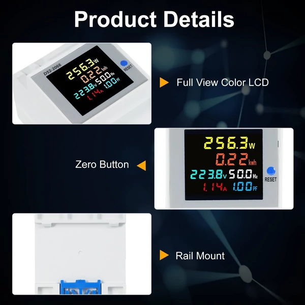 6 az 1-ben digitális, egyfázisú energiamérő teszter, Din-sínes váltóáramú monitor - D52-2066, AC 40V~300V