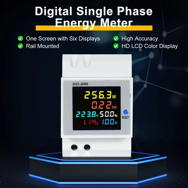 6 az 1-ben digitális, egyfázisú energiamérő teszter, Din-sínes váltóáramú monitor - D52-2066, AC 40V~300V