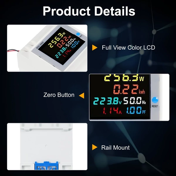 6 az 1-ben digitális, egyfázisú energiamérő teszter, Din-sínes váltóáramú monitor - D52-2065, AC 250V~450V