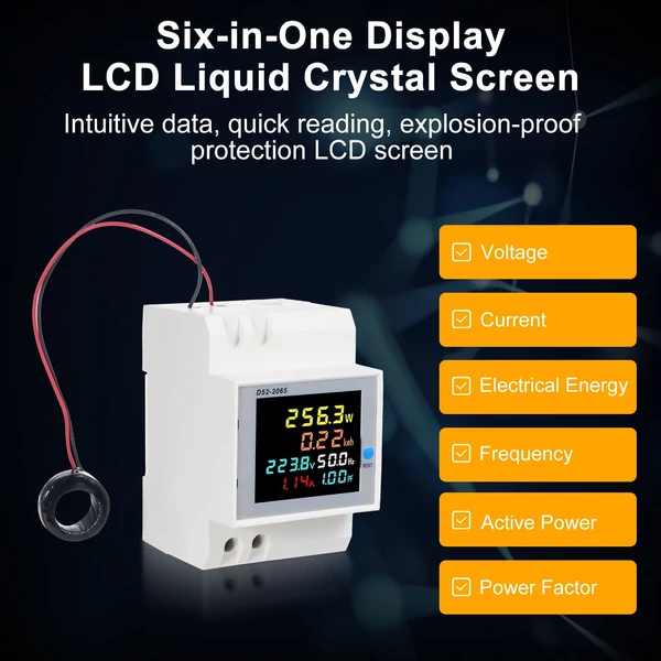 6 az 1-ben digitális, egyfázisú energiamérő teszter, Din-sínes váltóáramú monitor - D52-2065, AC 250V~450V