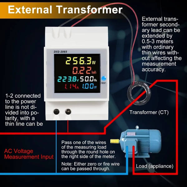 6 az 1-ben digitális, egyfázisú energiamérő teszter, Din-sínes váltóáramú monitor - D52-2065, AC 250V~450V