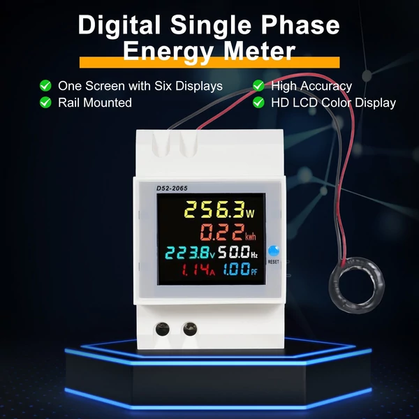 6 az 1-ben digitális, egyfázisú energiamérő teszter, Din-sínes váltóáramú monitor - D52-2065, AC 250V~450V