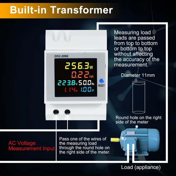 6 az 1-ben digitális, egyfázisú energiamérő teszter, Din-sínes váltóáramú monitor - D52-2066, AC 250V~450V