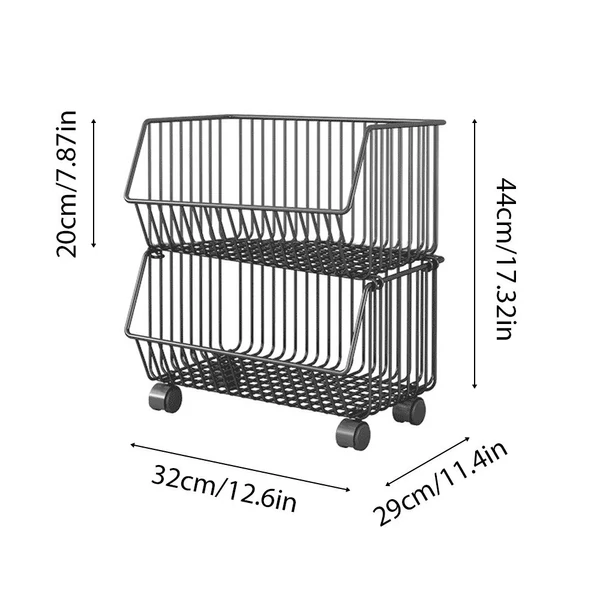 Gyümölcskosár konyhához, egymásra rakható fémhuzalos tárolókosár gördülő kerekekkel - 2 szintes
