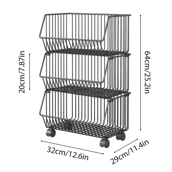 Gyümölcskosár konyhához, egymásra rakható fémhuzalos tárolókosár gördülő kerekekkel - 3 szintes