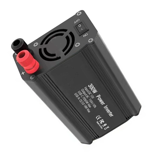 300 W-os inverteres 12 V DC – 110 V AC autóipari átalakító tápegység, QC3.0 - Fekete