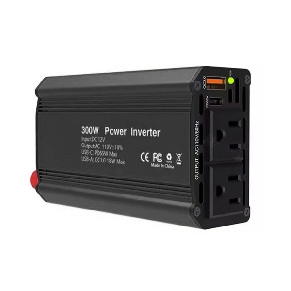 300 W-os inverteres 12 V DC – 110 V AC autóipari átalakító tápegység, QC3.0 - Fekete
