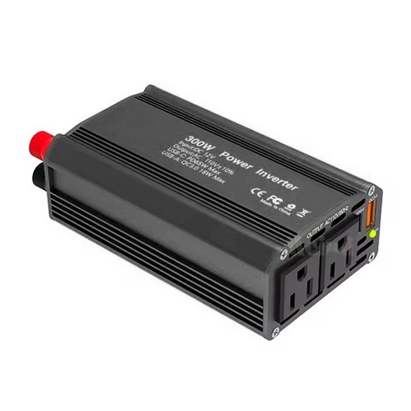 300 W-os inverteres 12 V DC – 110 V AC autóipari átalakító tápegység, QC3.0 - Fekete