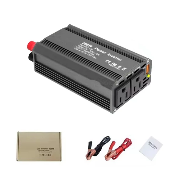 300 W-os inverteres 12 V DC – 110 V AC autóipari átalakító tápegység, QC3.0 - Fekete