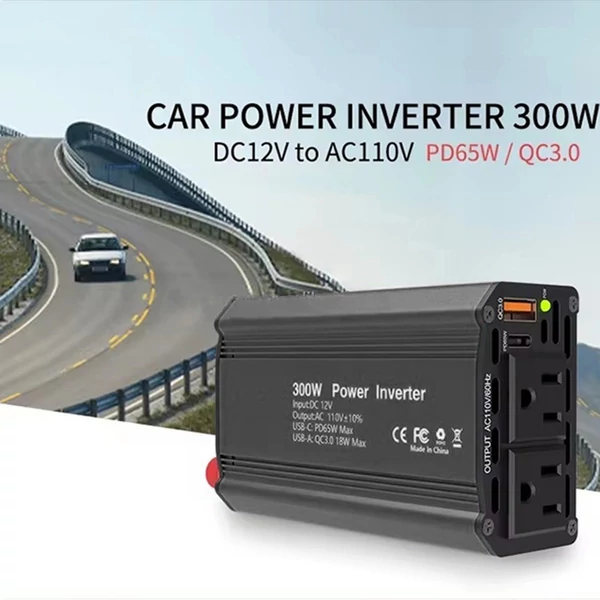 300 W-os inverteres 12 V DC – 110 V AC autóipari átalakító tápegység, QC3.0 - Fekete