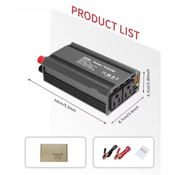 300 W-os inverteres 12 V DC – 110 V AC autóipari átalakító tápegység, QC3.0 - Fekete