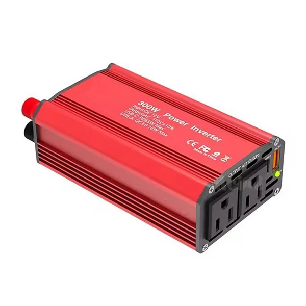 300 W-os inverteres 12 V DC – 110 V AC autóipari átalakító tápegység, QC3.0 - Piros