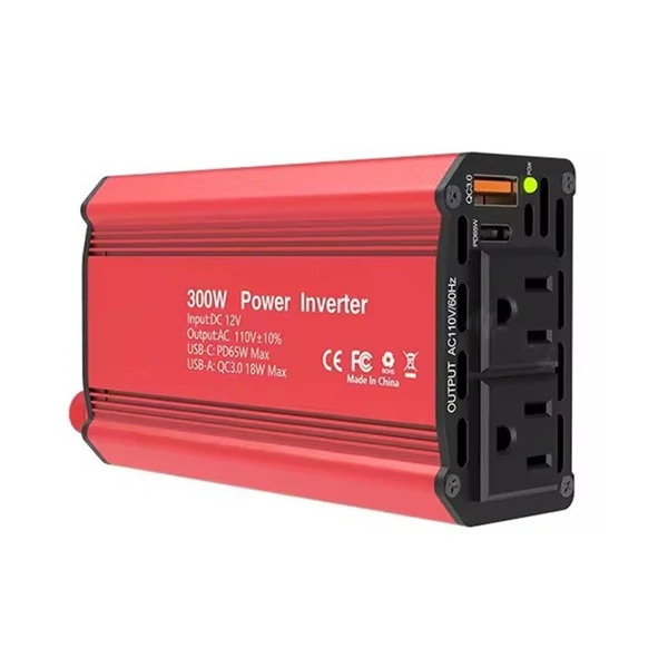 300 W-os inverteres 12 V DC – 110 V AC autóipari átalakító tápegység, QC3.0 - Piros