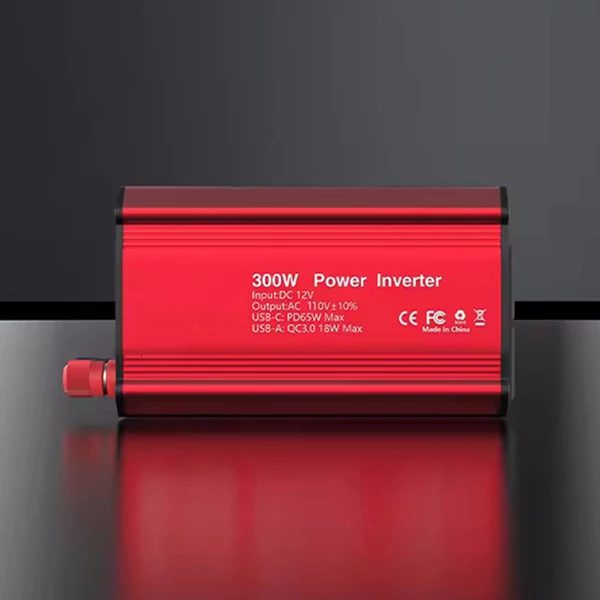 300 W-os inverteres 12 V DC – 110 V AC autóipari átalakító tápegység, QC3.0 - Piros