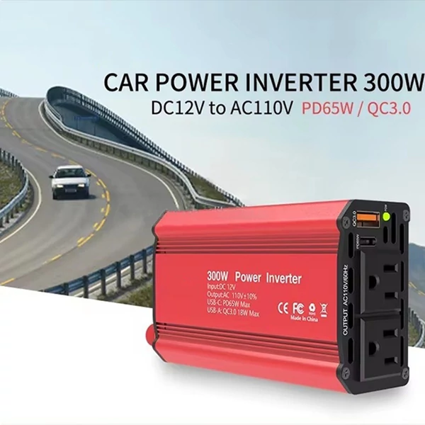 300 W-os inverteres 12 V DC – 110 V AC autóipari átalakító tápegység, QC3.0 - Piros