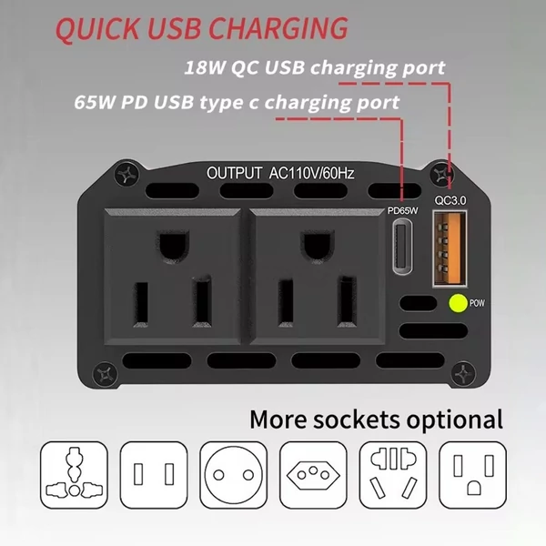 300 W-os inverteres 12 V DC – 110 V AC autóipari átalakító tápegység, QC3.0 - Piros