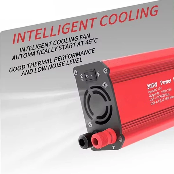 300 W-os inverteres 12 V DC – 110 V AC autóipari átalakító tápegység, QC3.0 - Piros