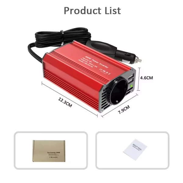300 W-os inverteres 12 V DC – 110 V AC autóipari átalakító tápegység, QC3.0 - Piros