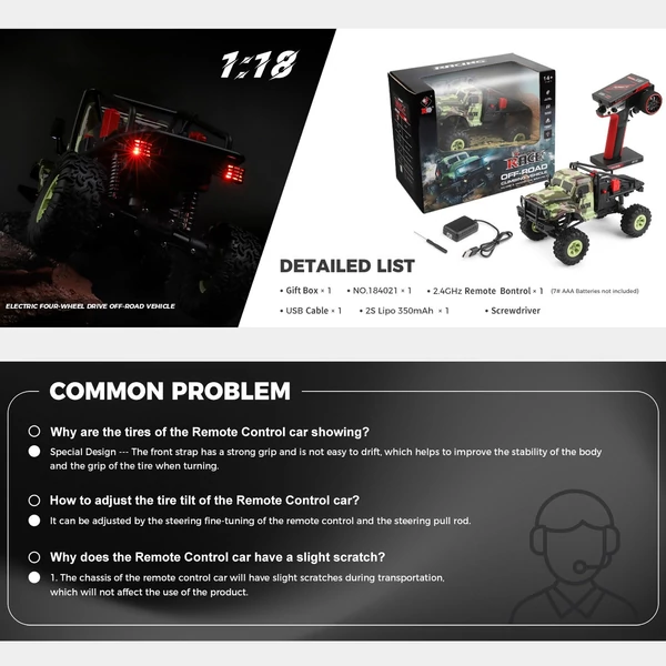 WLtoys 184021 távirányítós autó, 1/18 2,4 GHz, 4WD katonai teherautó