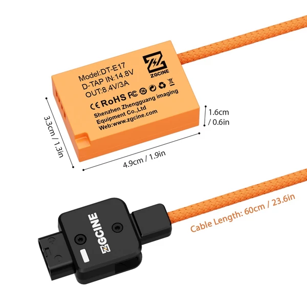 ZGCINE LP-E17 dummy akkumulátor D-Tap csatlakozóval, 60 cm hosszú tápkábellel