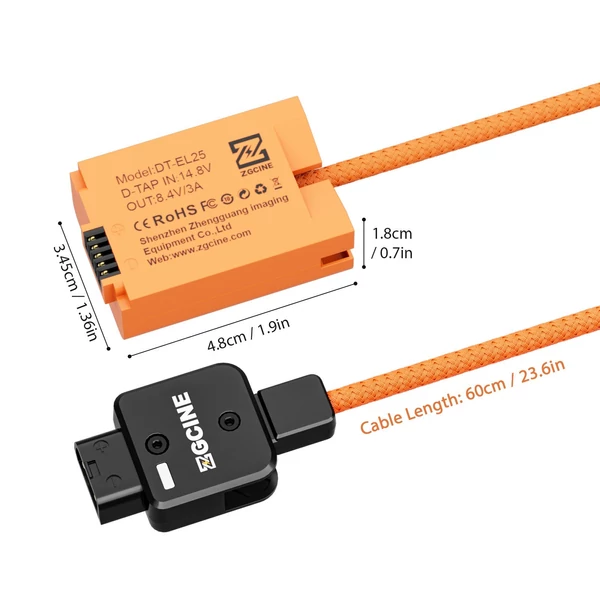 ZGCINE EN-EL25 dummy akkumulátor D-Tap csatlakozóval, 60 cm hosszú tápkábellel