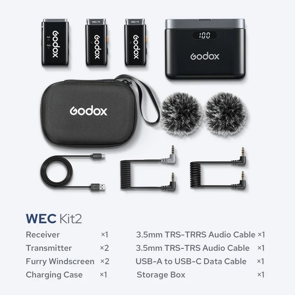 Godox WEC Kit2 egy-trigger-két 2,4G vezeték nélküli mikrofonrendszer csíptetős mikrofonok - Töltőtokkal