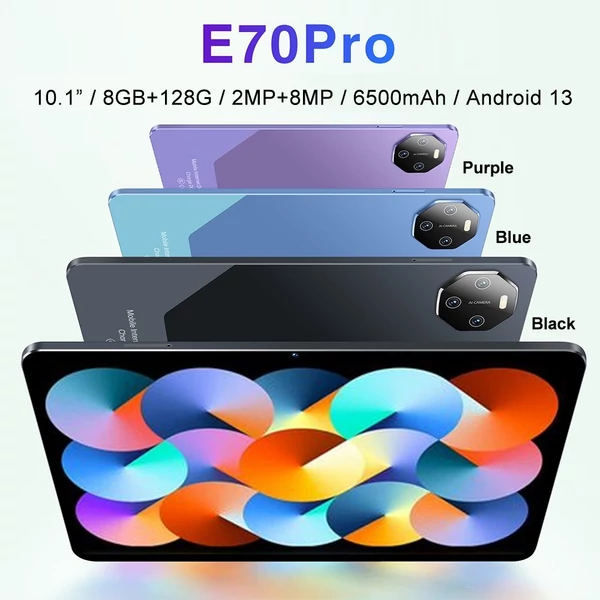 E70 Pro Android 13 táblagép, 10,1 hüvelykes nagy tisztaságú képernyő, 8 GB+128 GB - Fekete