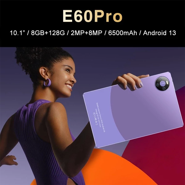 E60 Pro Android 13 táblagép, 10,1 hüvelykes nagy tisztaságú képernyő, 8 GB+128 GB - Lila