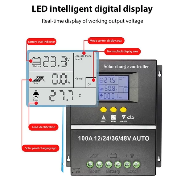 100A MPPT napelemes töltésvezérlő, 12V 24V 36V 48V háttérvilágítással, LCD kijelzővel