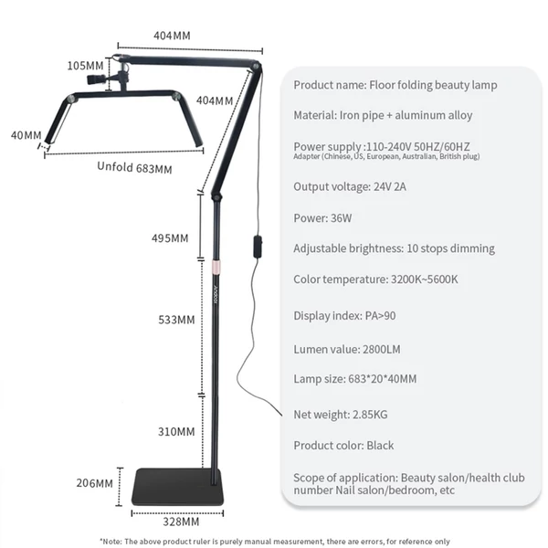 Andoer HD-M18X 36W padló LED videolámpa, összecsukható LED töltőlámpa, Szépség állóhold lámpa - Fekete