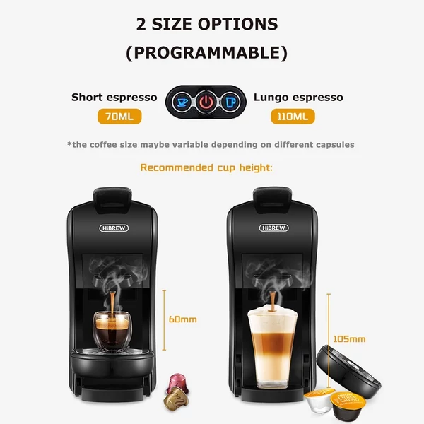 HiBREW H1A 19 bar nyomású eszpresszó kávéfőző 4 az 1-ben, Dolce Gusto kompatibilis, hideg-meleg rendszer, 2 csészeméret - Fekete