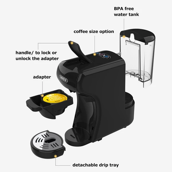 HiBREW H1A 19 bar nyomású eszpresszó kávéfőző 4 az 1-ben, Dolce Gusto kompatibilis, hideg-meleg rendszer, 2 csészeméret - Fekete
