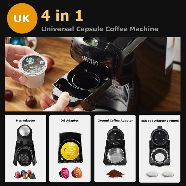 HiBREW H1A 19 bar nyomású eszpresszó kávéfőző 4 az 1-ben, Dolce Gusto kompatibilis, hideg-meleg rendszer, 2 csészeméret - Fekete