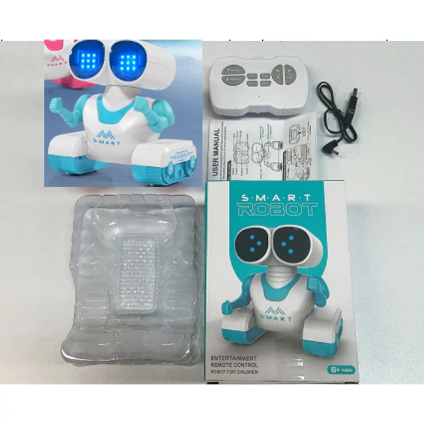 836 Kids újratölthető távirányítós robot – automatikus bemutató, rugalmas fej és kezek, zene, LED szemek - Kék