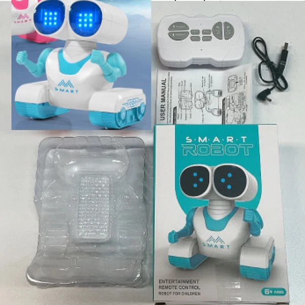 836 Kids újratölthető távirányítós robot – automatikus bemutató, rugalmas fej és kezek, zene, LED szemek - Kék