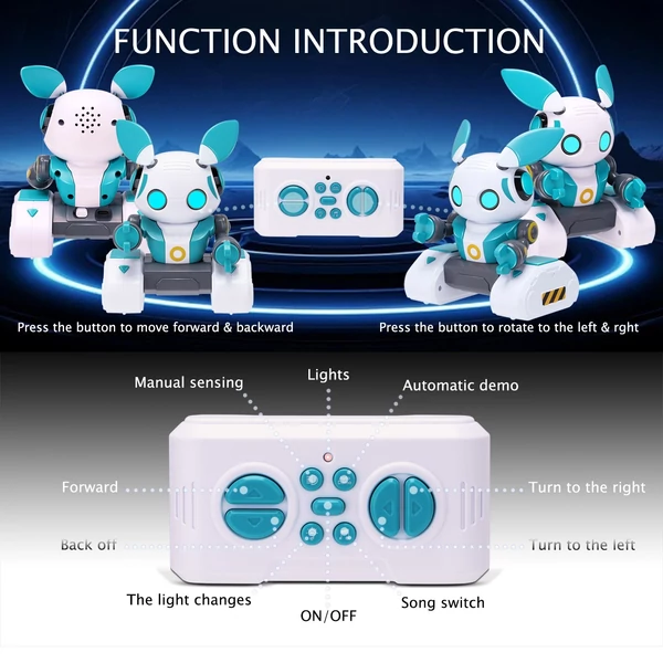 2,4 GHz-es gesztusérzékelő, újratölthető távirányító robot – LED szemek, zene, automatikus demonstráció - Fehér