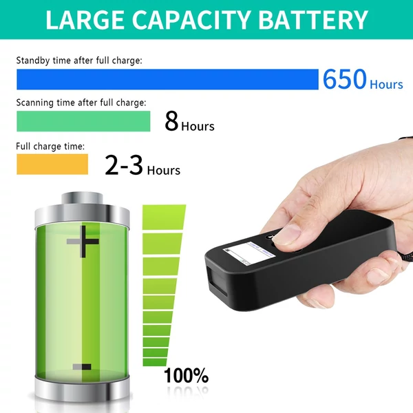 MJ-X4 kézi 1D/2D vezeték nélküli vonalkód olvasó, USB 2.4G BT vonalkódolvasó képernyős kijelzővel