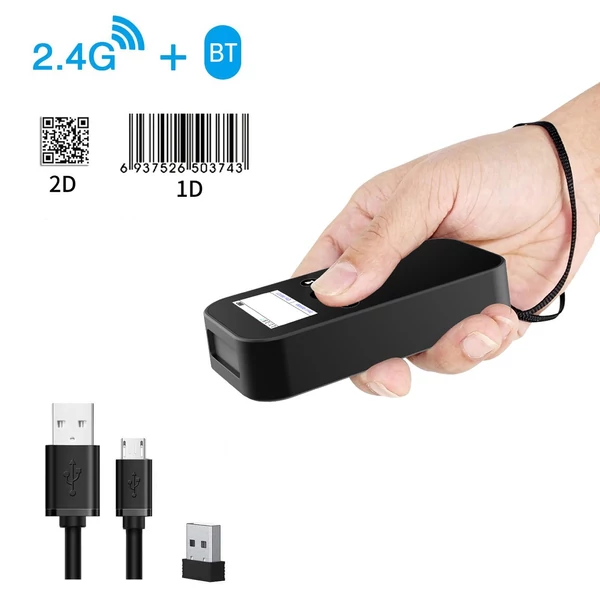 MJ-X4 kézi 1D/2D vezeték nélküli vonalkód olvasó, USB 2.4G BT vonalkódolvasó képernyős kijelzővel