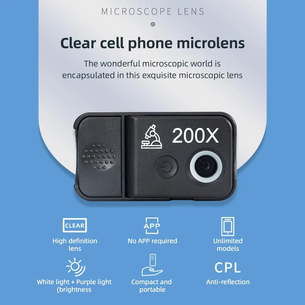 C-927 200X mobiltelefon mikroszkóp lencse LED/UV fénnyel, beépített CPL szűrővel