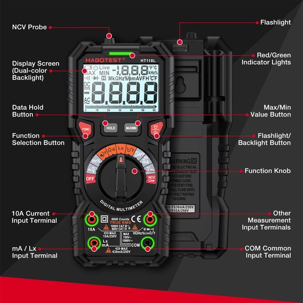 HABOTEST HT118L digitális multiméter 6000 valódi RMS, AC/DC áramot számol