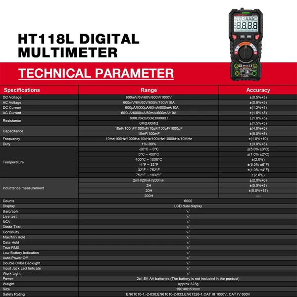 HABOTEST HT118L digitális multiméter 6000 valódi RMS, AC/DC áramot számol