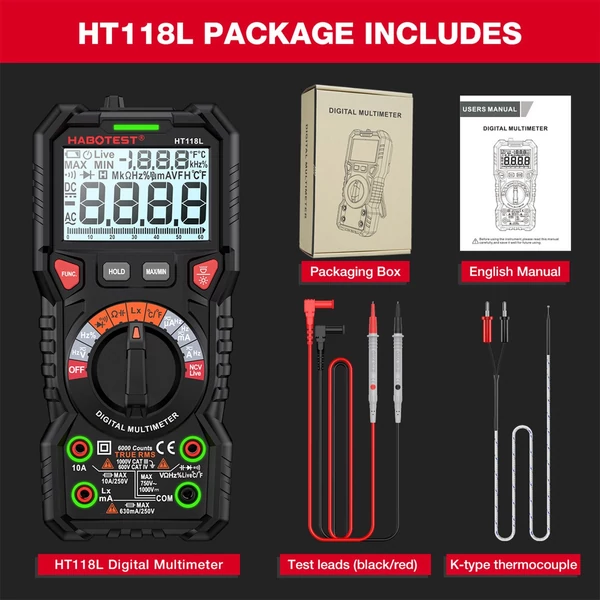 HABOTEST HT118L digitális multiméter 6000 valódi RMS, AC/DC áramot számol