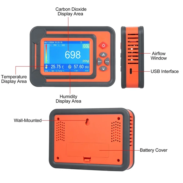 3 az 1-ben szén-monoxid érzékelő, digitális CO2 monitor, CO2 mérő gázelemző detektor - Narancs