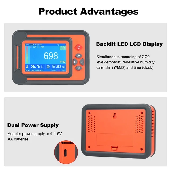 3 az 1-ben szén-monoxid érzékelő, digitális CO2 monitor, CO2 mérő gázelemző detektor - Narancs
