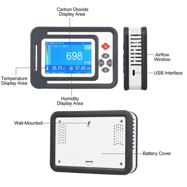 3 az 1-ben szén-monoxid érzékelő, digitális CO2 monitor, CO2 mérő gázelemző detektor - Fehér