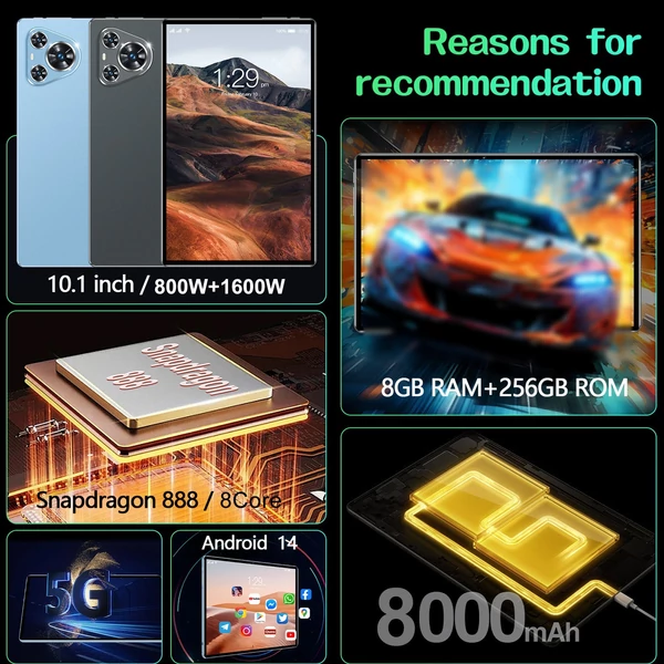 Android 14 táblagép, 10,1 hüvelykes nagy tisztaságú képernyő, nyolcmagos processzor, kettős kamera 8 GB+256 GB - Szürke