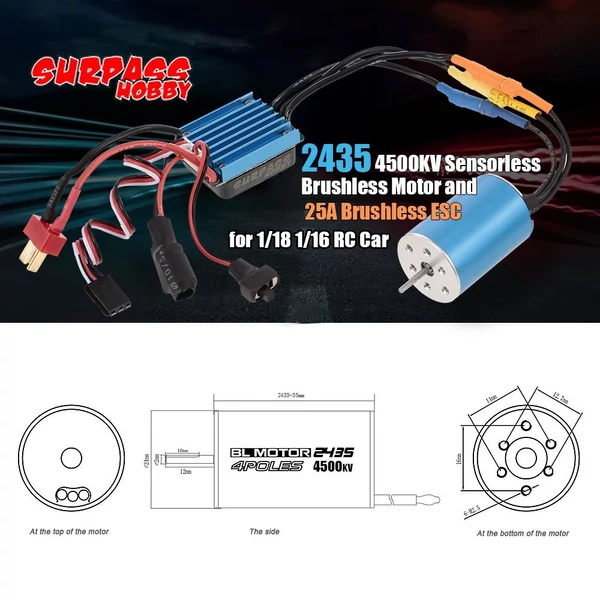 SURPASS HOBBY 2435 4500KV kefe nélküli motor és 25A ESC 1/18 1/16 RC autókhoz