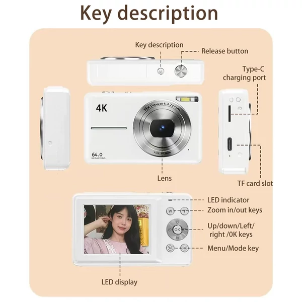 A05 4K/30FPS digitális fényképezőgép, 64 MP digitális videokamera - Fehér